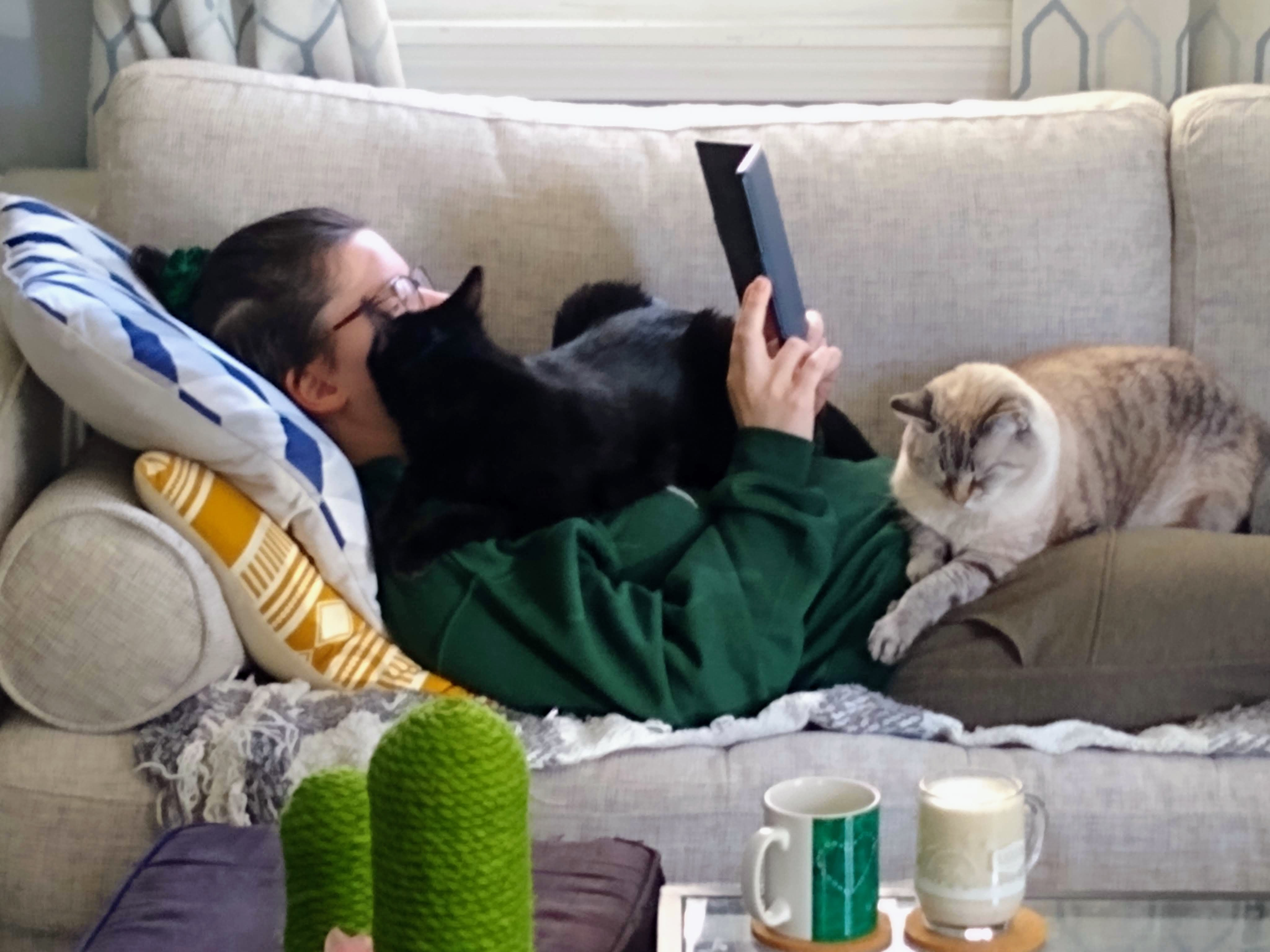 A low-quality shot of the author's partner lying on the couch in our living room, trying to read, while her two cats, Mary Poppins & Satine, lie on her chest & lap. 