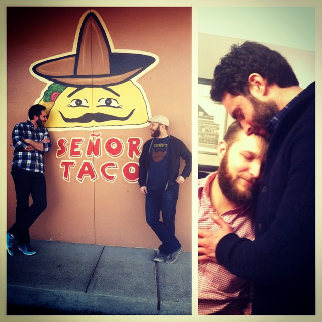 A diptych of the author & his best friend, Brandon: Facing each other on either side of the Señor Taco logo (Knoxville, TN); embracing at a holiday gathering